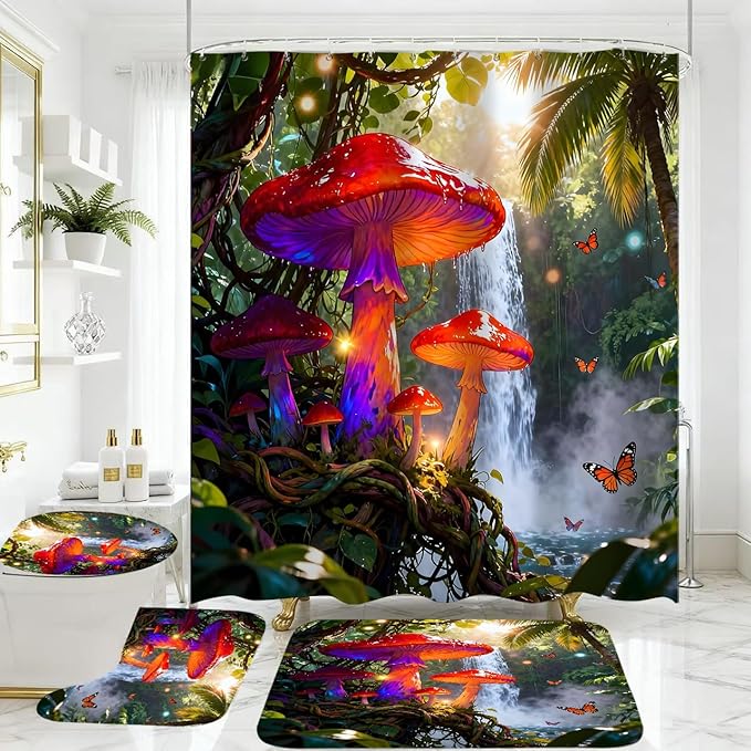 jieprom 4 Piece Tropical Waterfall Shower Curtain Set with Rugs, Vibrant Magical Mushroom & Butterfly Art, Jungle Nature Aesthetic Bathroom Decor, Waterproof Fabric, Non-Slip Mats & Toilet Lid Cover