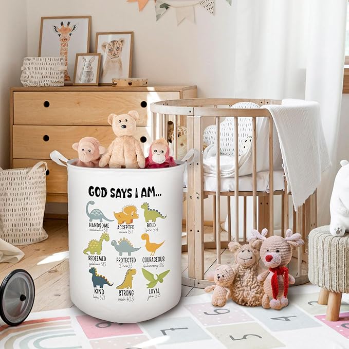 God Say I Am Dinosaur Nursery Laundry Basket, Toybox for Boys Room, Christian Laundry Basket Hamper Waterproof Collapsible Clothes Toys Storage Bin Organizer for Bedroom Bathroom Kids Room Dorm