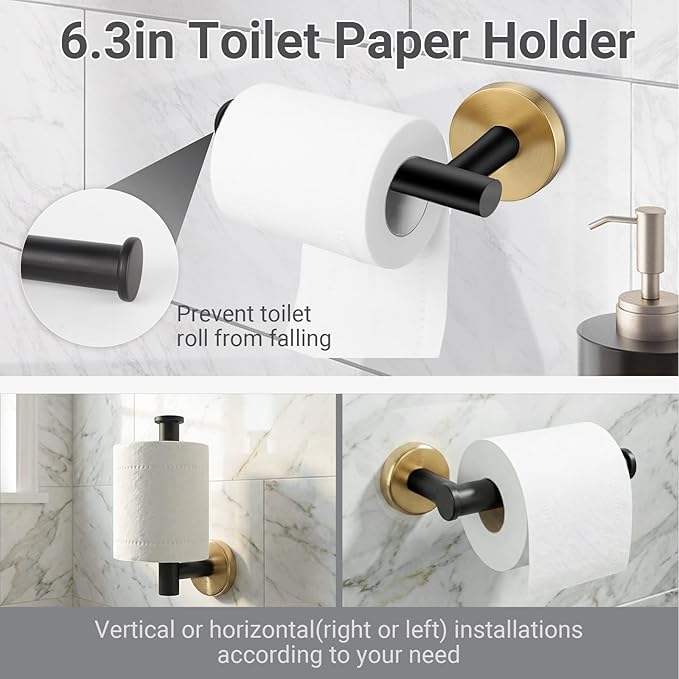 24 Inch Usable Towel Bar, 5-Piece Matte Black and Gold Bathroom Accessories, SUS304 Stainless Steel Towel Ring Holder, Toilet Paper Holder with 2 Hooks, Wall Mounted Modern Bathroom Hardware Set