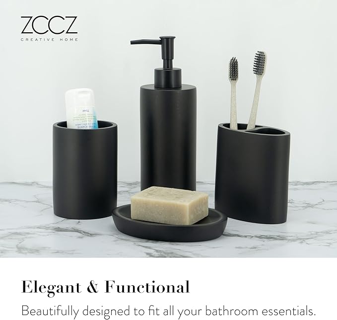 ZCCZ Bathroom Accessory Sets, 4 Pieces Bathroom Accessories Complete Set Vanity Countertop Accessory Set, Includes Lotion Dispenser Soap Pump, Toothbrush Holder and Tray (Matte Black Look Rounded)