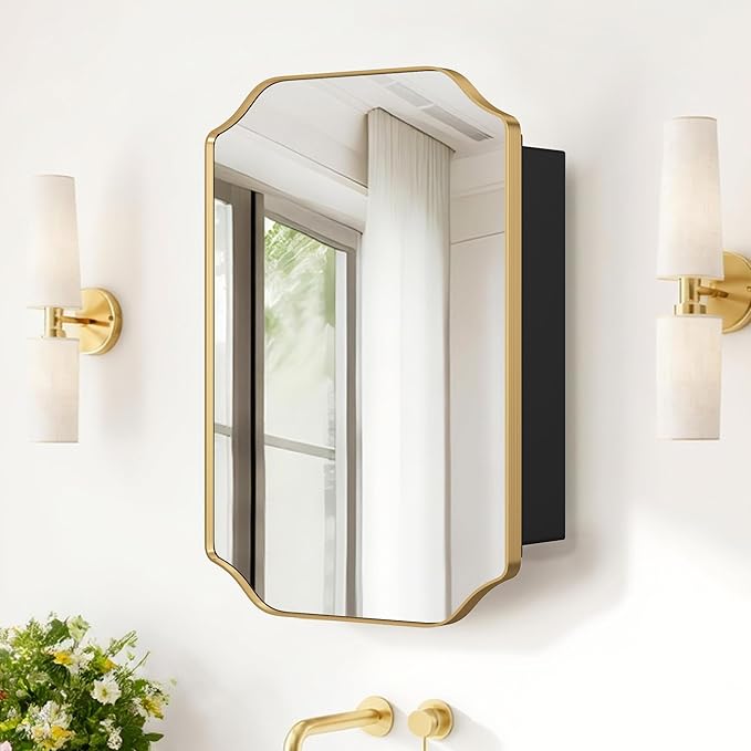 SogesHome Recessed Bathroom Mirror Medicine Cabinet with Storage, 15.7 x 23.6 Inch Wall Mounted Modern Octagon Vanity Organizer with Shelves, Space-Saving Elegant Bathroom Storage, Gold