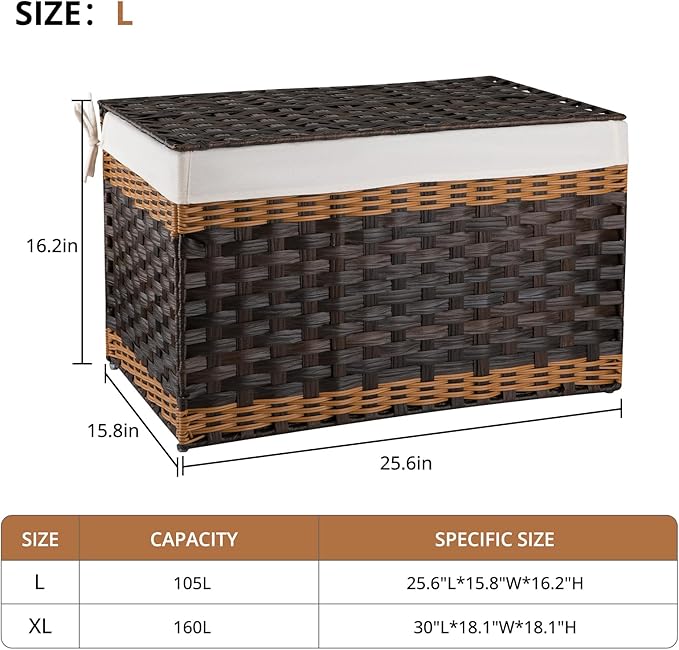 OIAHOMY Storage Basket with Lid, 27.7 Gallon (105L) Blanket Basket with Removable Liner Bag, Synthetic Wicker Hamper with Handle, Foldable, Hamper for Living Room, Brown
