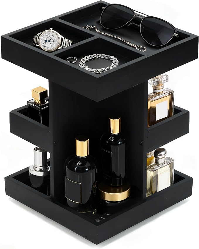 Top-spring Cologne Organizer for Men Men's Cologne Stand 360° Rotating Wood Perfume Organizer 3 Tier Wooden Perfume Shelf Display Holder for Dresser Desk Organizer, Black Organizador de Perfumes