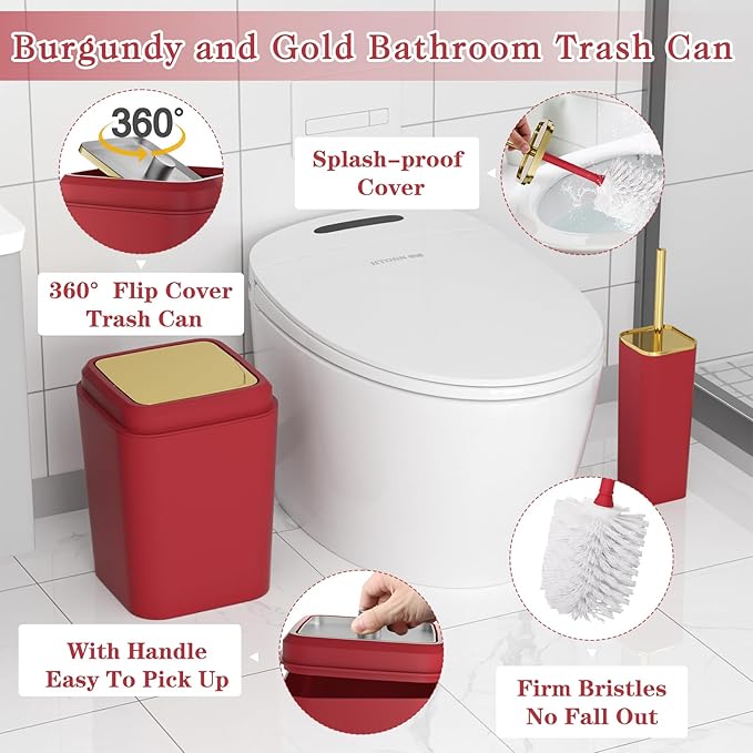 XLHOMO Burgundy Bathroom Accessories Set with Shower Curtain and Rugs, Dark Red Bathroom Accessories with Trash Can,Toothbrush Holder and Cup,Soap Dispenser,Tray,Soap Dish,Toilet Brush,Qtip Holders