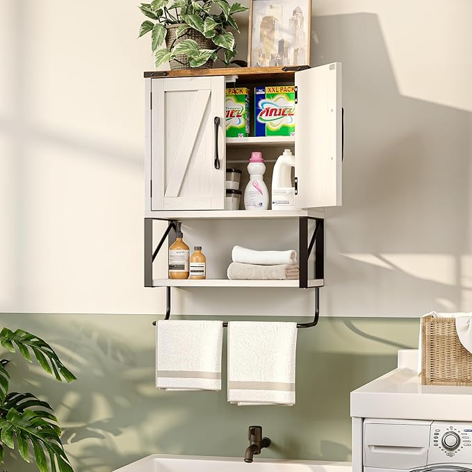 VINGLI Bathroom Wall Cabinet with Towel Bar, Farmhouse Small Medicine Cabinet Wall Mounted, Rustic Wood Over The Toilet Storage Cabinet with Adjustable Shelf for Restroom Kitchen, Vintage White/Brown