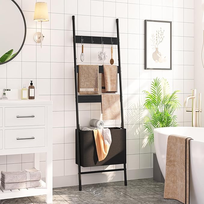 HOOBRO Blanket Ladder with Basket, 17.3”L x 63.4”H, Towel Rack with Hooks, Blanket Holder Rack, Decorative Ladder Shelf, Drying and Display Rack for Bathroom, Living Room, Black BB31CJ01