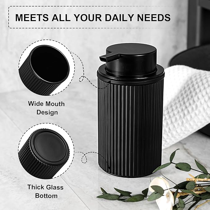 KASUNTING Matte Black Foaming Soap Dispenser, 2 Pack Ribbed Glass Foam Hand Soap Dispenser for Bathroom, Refillable Foaming Pump Bottle with Black Pump, Modern Dish Soap Foam Dispenser