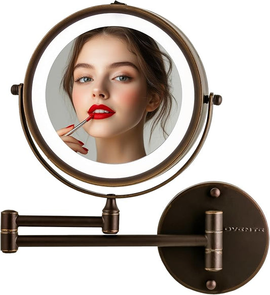 OVENTE Wall Mounted Lighted Makeup Mirror, 7" Double Sided 1X/10X Magnifying Vanity Mirror for Bathroom with LED Lights, Cordless, 360° Rotation and 13" Extendable Arm, Antique Bronze MFW70ABZ1X10X