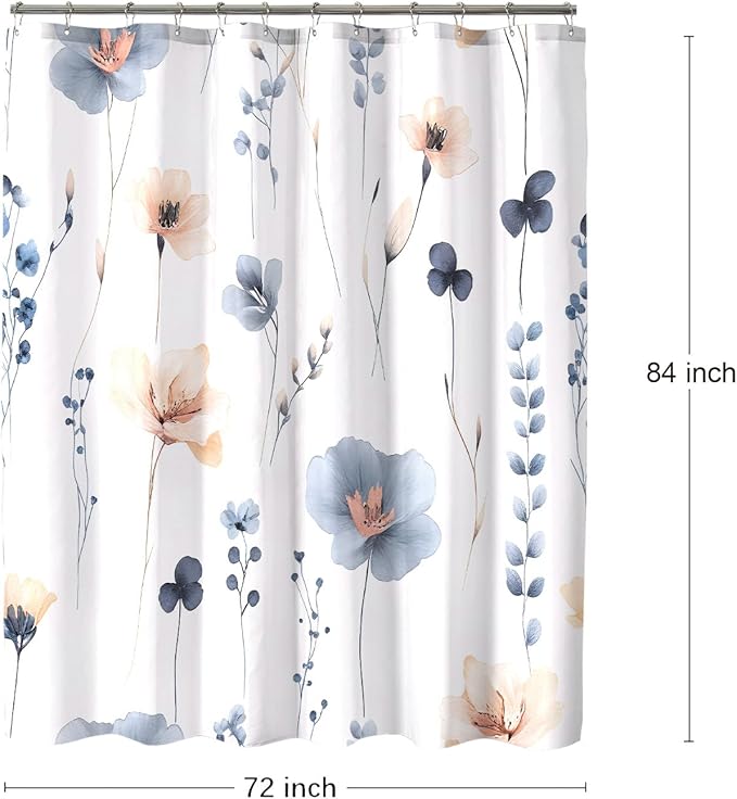 Blue Beige Floral Shower Curtain, Watercolor Flower Shower Curtains for Bathroom, Modern Minimalist Waterproof Fabric Bath Decoration 72x84 Inch
