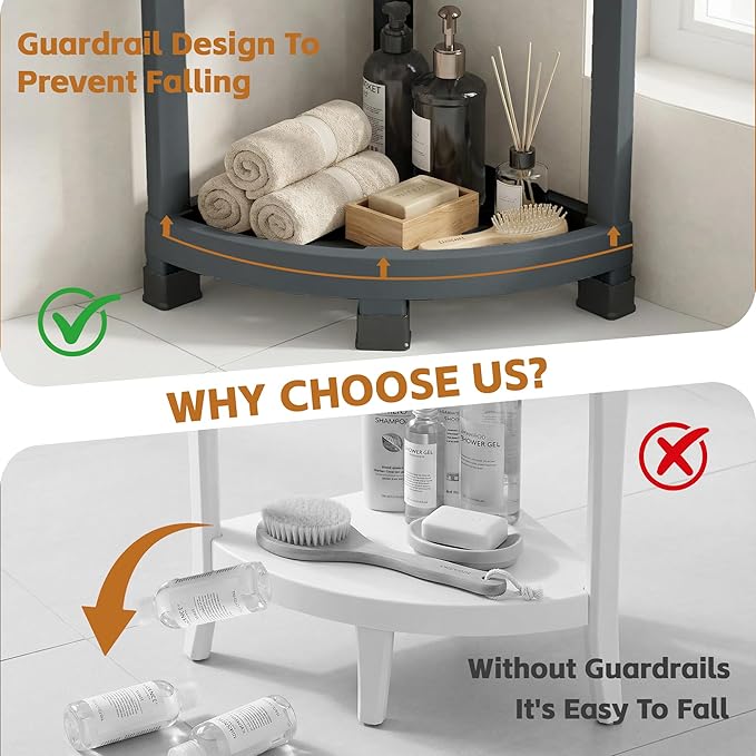 GallopFun Corner Shower Stool for Inside Shower, Waterproof Shower Bench for Shaving Legs, Plastic Anti-Fracture Shower Seat/Foot Rest with Baffle Storage Shelf, Rapid Assembly DIY Shelf (Gray)