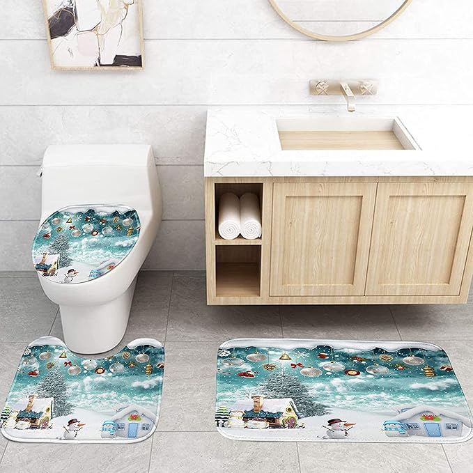 Yizheer Merry Christmas 4Pcs Winter Maple Shower Curtain Sets with Non-Slip Rugs, Toilet Lid Cover and Bath Mat, Haunted House Waterproof Bathroom Home Decor Set
