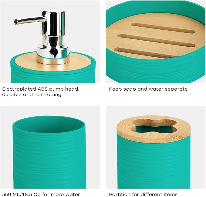 4 PCS Teal Bathroom Accessories Set, Includes a Soap Dispenser, Toothbrush Holder, Soap Dish and Mouthwash Cup, Plastics & Bamboo Bathroom Set, Bohemian Style Bathroom Sink Set