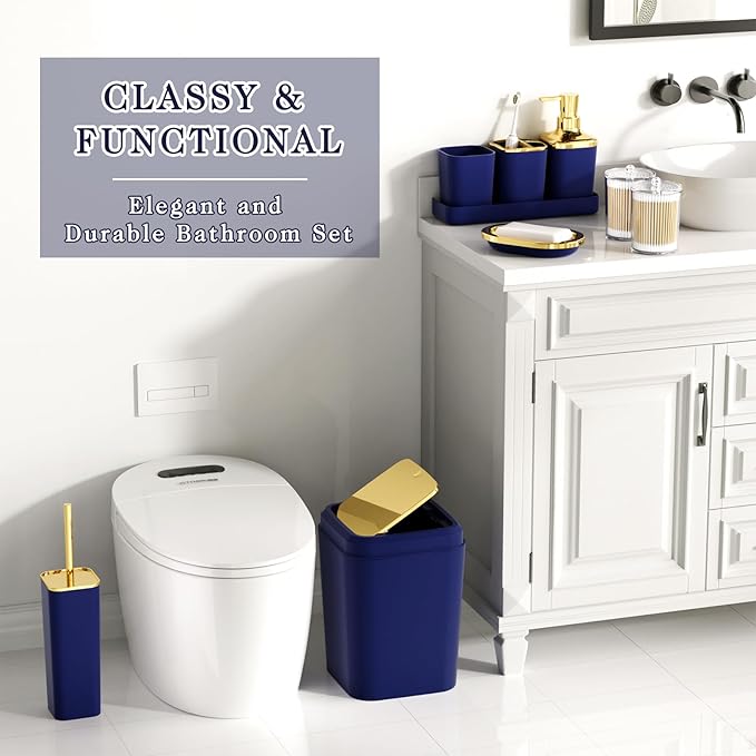 XLHOMO Bathroom Accessories Set - Luxury Blue Bathroom Set, 9 Pieces Bathroom Accessory Set, Navy Blue Bathroom Accessories with Trash Can, Toilet Brush & Soap Dispenser