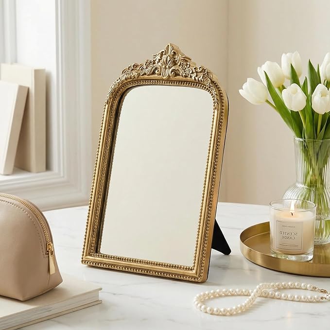 10" x 7" Small Gold Mirror for Desk, Vintage Ornate Antique Vanity Mirror, Baroque Desktop Standing Mirror, Aesthetic Room Decor