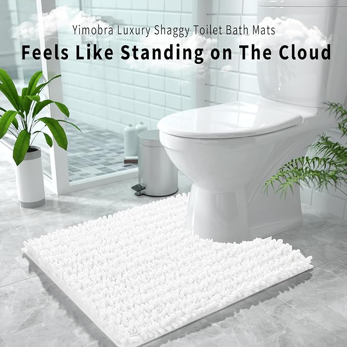 Yimobra Toilet Rugs U Shaped 24x20, Soft Comfortable Absorbent Chenille Toilet Mat for Bathroom Floor, Non-Slip Contour Bathroom Rugs for Toilet, Dry Quickly Machine Washable, White
