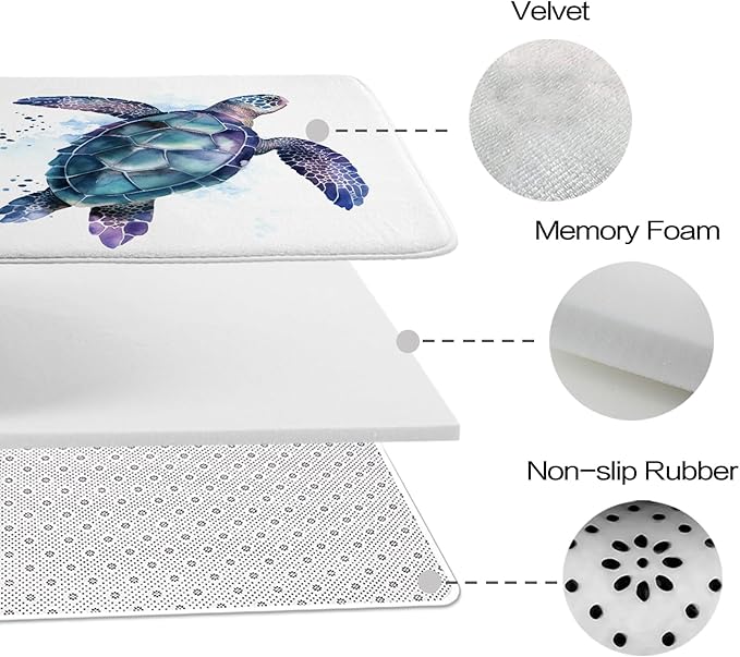 Funny Sea Turtle Ocean Animal Cartoon Bathroom Sets with Shower Curtain and 20 x 31 Rugs Bathroom Accessories Sets Decor with Bath Rug, Bath Mat, U-Shaped Contour and Hooks 72 x 72 Inch Teal Purple