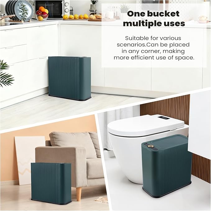 XLHOMO 9-Piece Dark Green Bathroom Accessories Set - Slim Pop-up Trash Can with Lid, Toilet Brush, Soap Dispenser & Apothecary Jars - Luxury Emerald Decor for Small Spaces