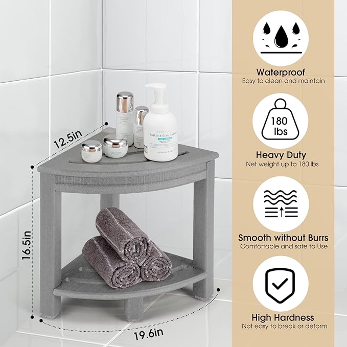 Apolimi HDPE Corner Shower Stool,Shower Bench Seat with Storage Shelf for Shaving Legs Plastic Spa Bath Step Foot Rest for Bathroom Small Place (Grey)