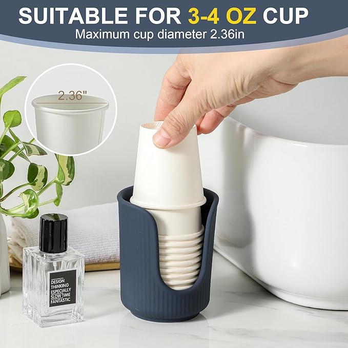 Dobbyby Ceramic Bathroom Cup Dispenser with Stylish Vertical Stripes - Disposable Mouthwash Cup Holder Holds 3-4oz Paper Cups for Rinsing Cups on Bathroom Vanity Countertops (Matte Blue)