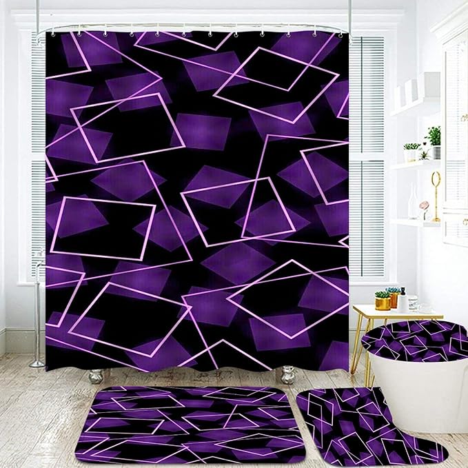 Yizheer 4Pcs Purple 3D Geometry Bathroom Shower Curtain Set with 12 Rustproof Hooks Bath Mat Toilet Cover U Shaped Mat- PEVA Material, 72x72 Inches, Bathroom Curtain for Bathtub (Purple)