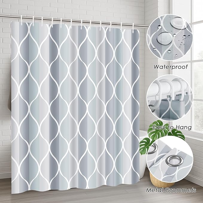 Geometric Grey Shower Curtain Set with Toilet Lid Cover and Non-Slip Rugs, Abstract 4 Pcs Shower Curtain for Bathroom, Modern Simple Bathroom Decor