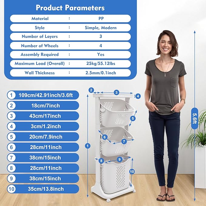 Laundry Basket, 3 Tiers Storage Basket Plastic Clothes Hamper Movable Clothes Hamper Bathroom Hampers With Wheels,Portable Freestanding Dirty For Laundry Room Organization