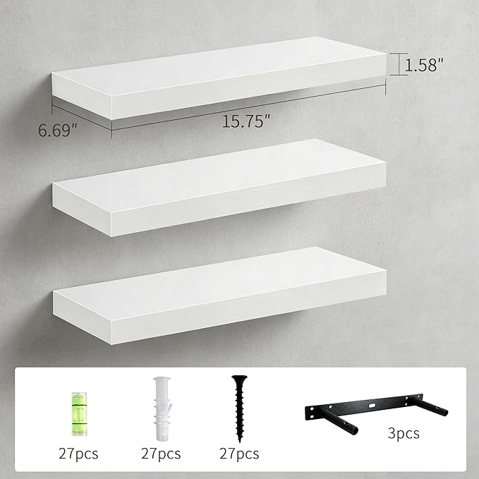 Floating Shelves for Wall, Rustic Wood Shelf for Room Decor/Storage/Display, Small Wall Mounted Hanging Shelves with 20lb Capacity for Bathroom, Living Room, Kitchen (White)
