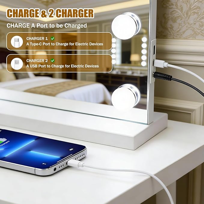 Vanity Mirror with Lights, 23"×18" Large Hollywood Makeup Mirror with 15 Dimmable Bulbs, 3-Color Lighting, Dimmable, 10x Magnification, Desk Mirror, Bedroom (White)