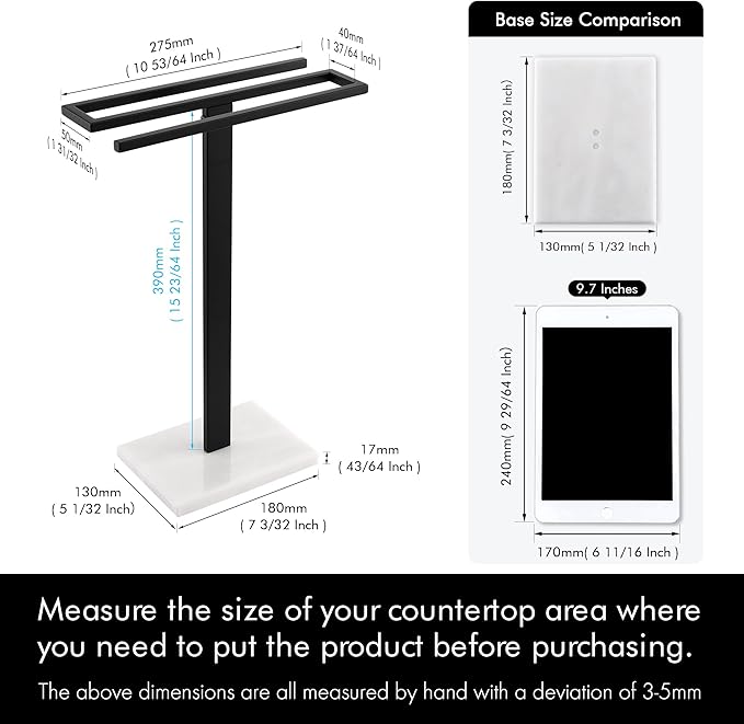 KES Black Hand Towel Holder, Free Standing Towel Rack Towel Stand S-Shape with Marble Base for Bathroom Countertop SUS304 Stainless Steel Matte Black, BTH223-BK
