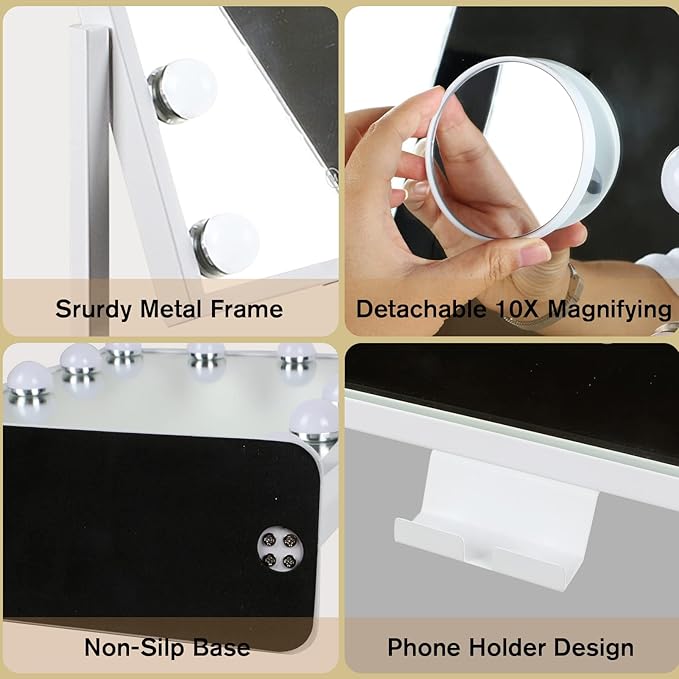 BWLLNI Vanity Mirror with Lights, Hollywood Lighted Makeup Mirror with Phone Holder, Smart Touch Control, 3 Color Lighting Modes, Detachable 10X Magnification, 360°Rotation(White)
