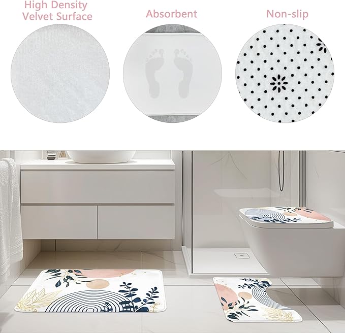 Riyidecor Boho Pink Navy Blue 4Pcs Shower Curtain Set with Toilet Lid Cover and Non-Slip Rugs, Mid Century Modern Minimalist Bathroom Decor Set，Abstract Contour and Bath Mat with 12 Hooks