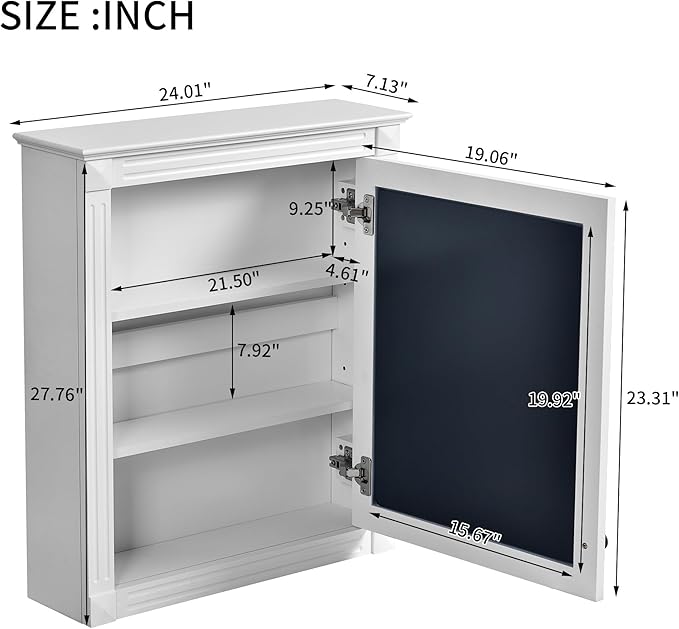 24'' x 27'' Wall Mounted Bathroom Storage Cabinet with Mirror, Medicine Cabinet with Height Adjustable Shelf, Over The Toilet Space