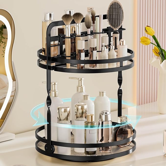 Rotating Makeup Vanity Organizer, 360 Spinning Perfume Organizer for Dresser, 2 Tier Bathroom Countertop Organizer, Black Lazy Susan Skincare Storage, Cosmetic Display Case with Brush Holder