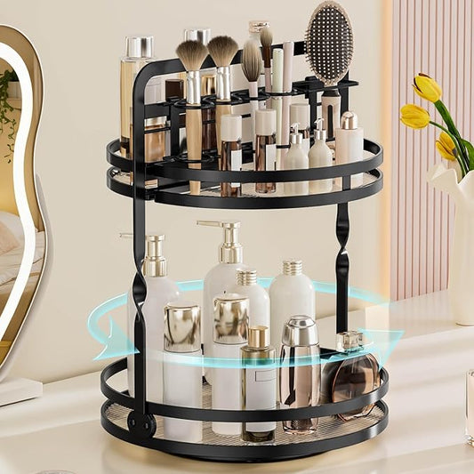 Rotating Makeup Vanity Organizer, 360 Spinning Perfume Organizer for Dresser, 2 Tier Bathroom Countertop Organizer, Black Lazy Susan Skincare Storage, Cosmetic Display Case with Brush Holder