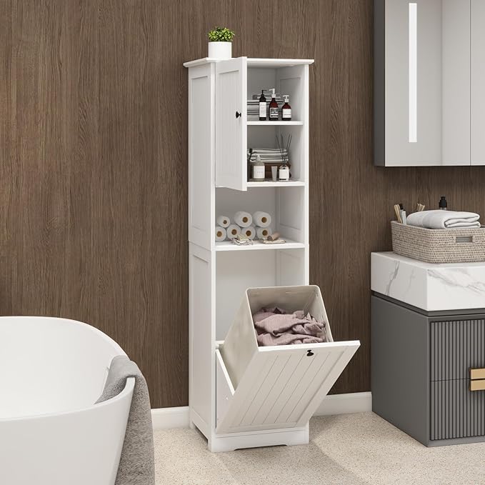 Locsear Tilt Out Laundry Hamper Cabinet, 55" Tall Bathroom Storage Cabinet Laundry Cabinet with Shelves and Clothes Basket, Hamper Cabinet Shelf for Laundry Room Bathroom Organizer, White