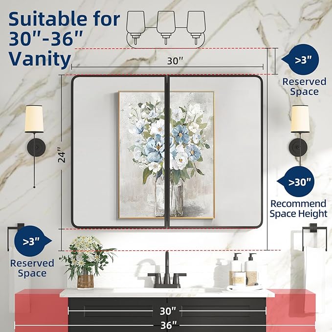 Bathroom Medicine Cabinet with Mirror 24 x 30 Inch, Black Medicine Cabinet Recessed or Surface Wall-Mounted, Mirrored Cabinets with Sturdy Metal Adjustable Shelves for Bathroom Vanity