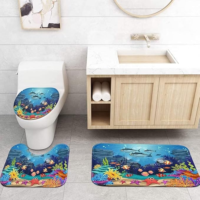 NBVKO 4PCS Cartoon Blue Ocean and Creature Shower Curtain Set with Non-Slip Rugs,Toilet Lid Cover and Bath Mat,Bathroom Decor Accessory Set