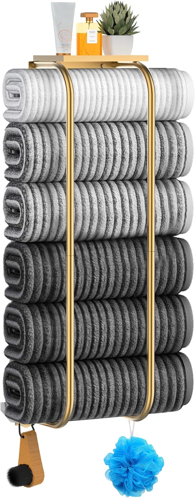 Towel Racks for Bathroom, Elegant Curved Bathroom Towel Storage Wall Mounted 30 inch with Shelf Can Holds 6 Large Towels, Wall Towel Rack for Rolled Towels, Gold