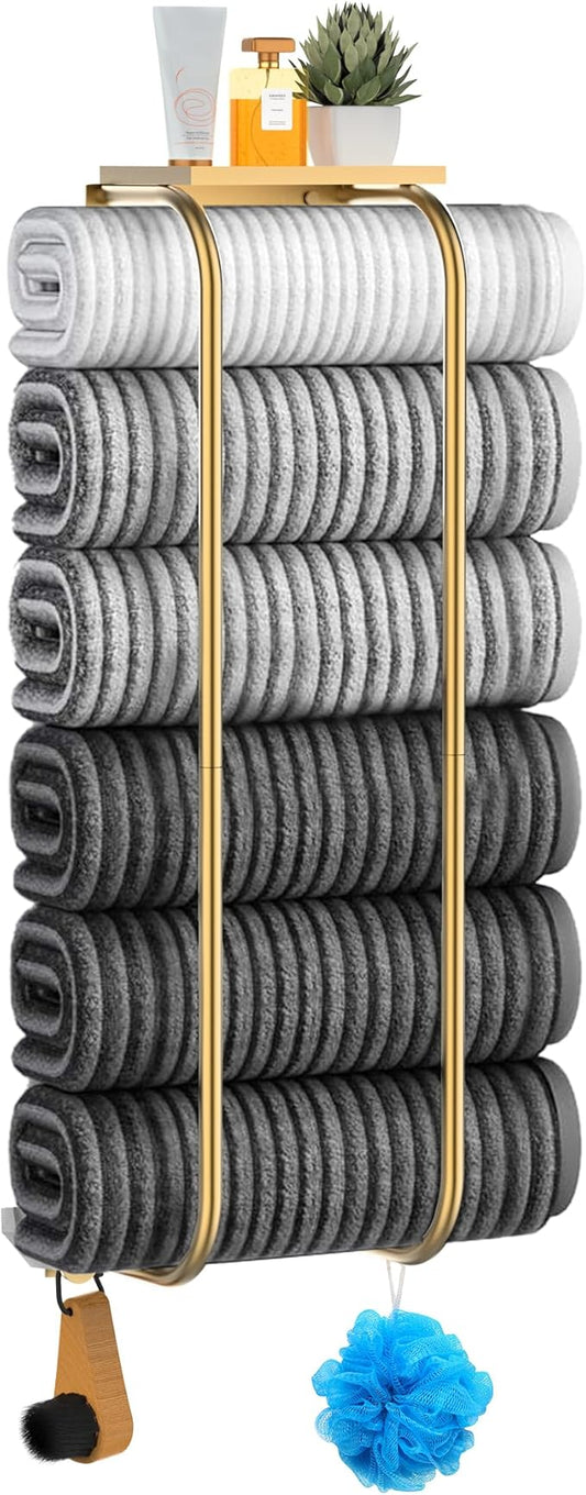 Towel Racks for Bathroom, Elegant Curved Bathroom Towel Storage Wall Mounted 30 inch with Shelf Can Holds 6 Large Towels, Wall Towel Rack for Rolled Towels, Gold