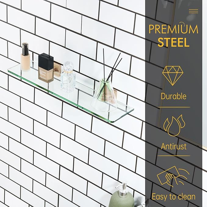 KOKOSIRI Tempered Glass Shelf 20-Inch Floating Wall Shelves for Bathroom Kitchen Shower Storage Decor Rack, Champagne Bronze Stainless Steel B1107CPG-L20