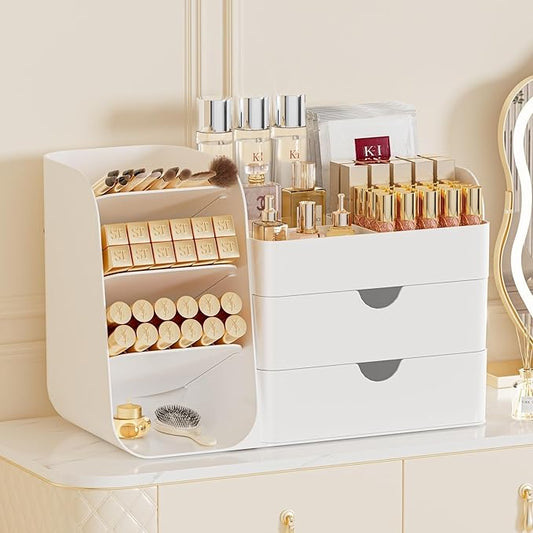 Makeup Organizer for Vanity, Countertop Cosmetic Display Case with Drawers, Bathroom Counter Beauty Caddy, Comfyroom Table Storage Holder for Skincare, Brush Eyeliner Eyeshadow Lipstick, White