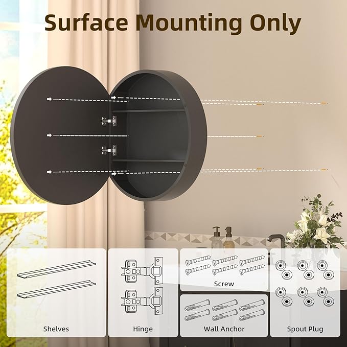 24 x 24 Inch Round Medicine Cabinet Mirror Black,Circular Bathroom Mirror with Storage Wall Mounted,Metal Framed Medicine Cabinets with Tempered Glass Adjustable Shelves for Bathroom Vanity