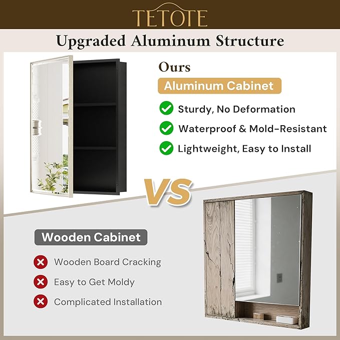 TETOTE 48" x 30" Brushed Nickel Medicine Cabinet Mirror with Storage Shelves Aluminum Alloy Frame with Beveled Edges Recessed or Wall-Mounted Rectangle Medicine Cabinet with Mirror