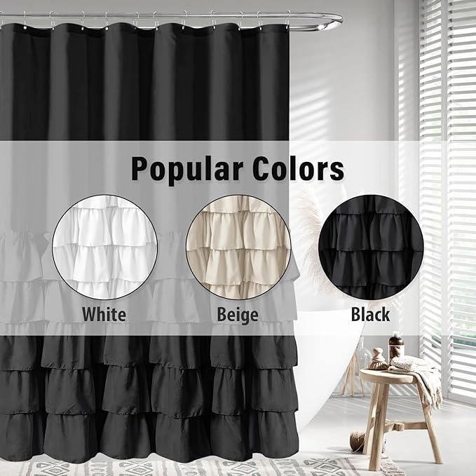Seasonwood Black Ruffle Shower Curtain Farmhouse Style Black Fabric Shower Curtain Nature Button Chic Ruffles and French Country Style 72×78