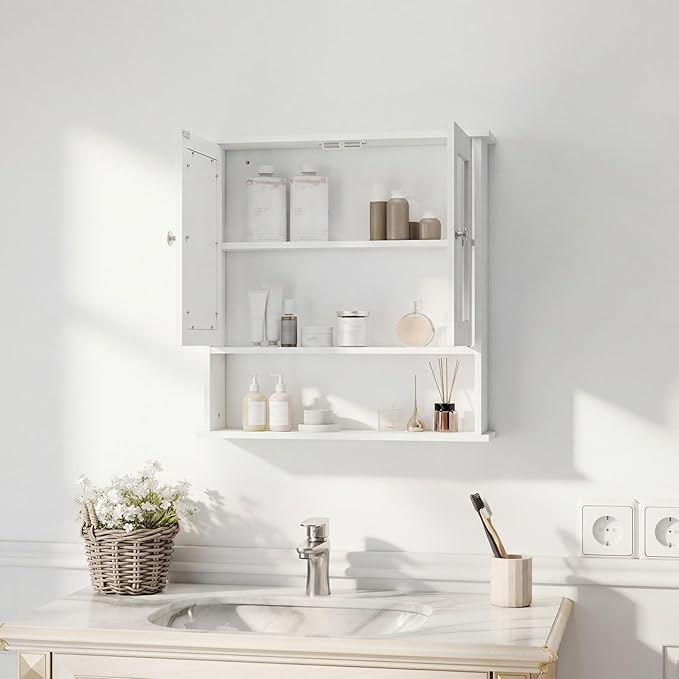 Panana Wall Mounted Bathroom Cabinet Wall Cabinet with 2 Mirrored Doors and Open Compartment, Inner Adjustable Shelf, 22" x 5.1" x 22.8" (White)