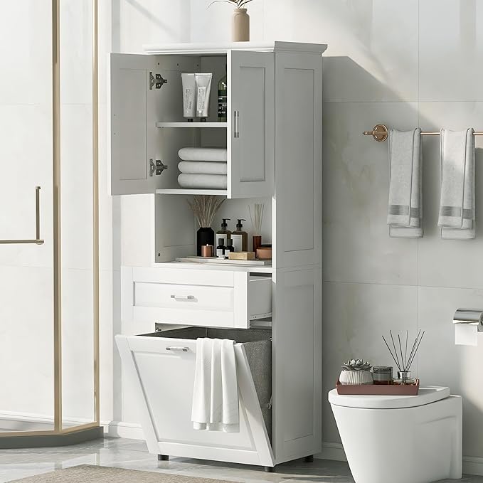 Virubi Laundry Cabinet with Tilt Out Laundry Hamper and Drawer, Wood Tall Bathroom Storage Cabinet with Doors and Adjustable Shelves, Freestanding