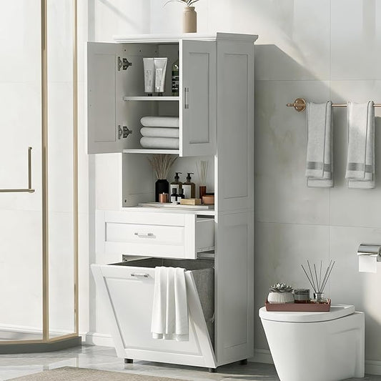 Virubi Laundry Cabinet with Tilt Out Laundry Hamper and Drawer, Wood Tall Bathroom Storage Cabinet with Doors and Adjustable Shelves, Freestanding