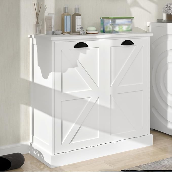 Locsear Laundry Hamper Cabinet with Removable Basket, Double Tilt Out Laundry Hamper, Wood Bathroom Storage, Free Standing Home Organizer, White