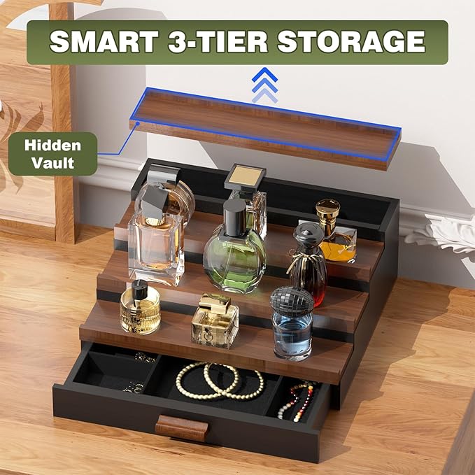 Perfume Cologne Organizer for Men: 4 Tier Wooden Perfumes Stand, Desktop Parfum Holder Wood Display Shelf with Cabinet, Bedroom Dresser Makeup Lotion Jewelry Storage Rack with Drawer