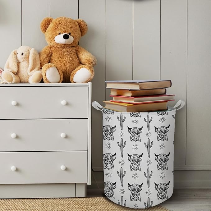 Western Laundry Basket, Retro Highland Cow Cactus Collapsible Laundry Hamper - Waterproof, Dirty Clothes Storage Bin - Perfect for Bathroom, Bedroom, Home Decor